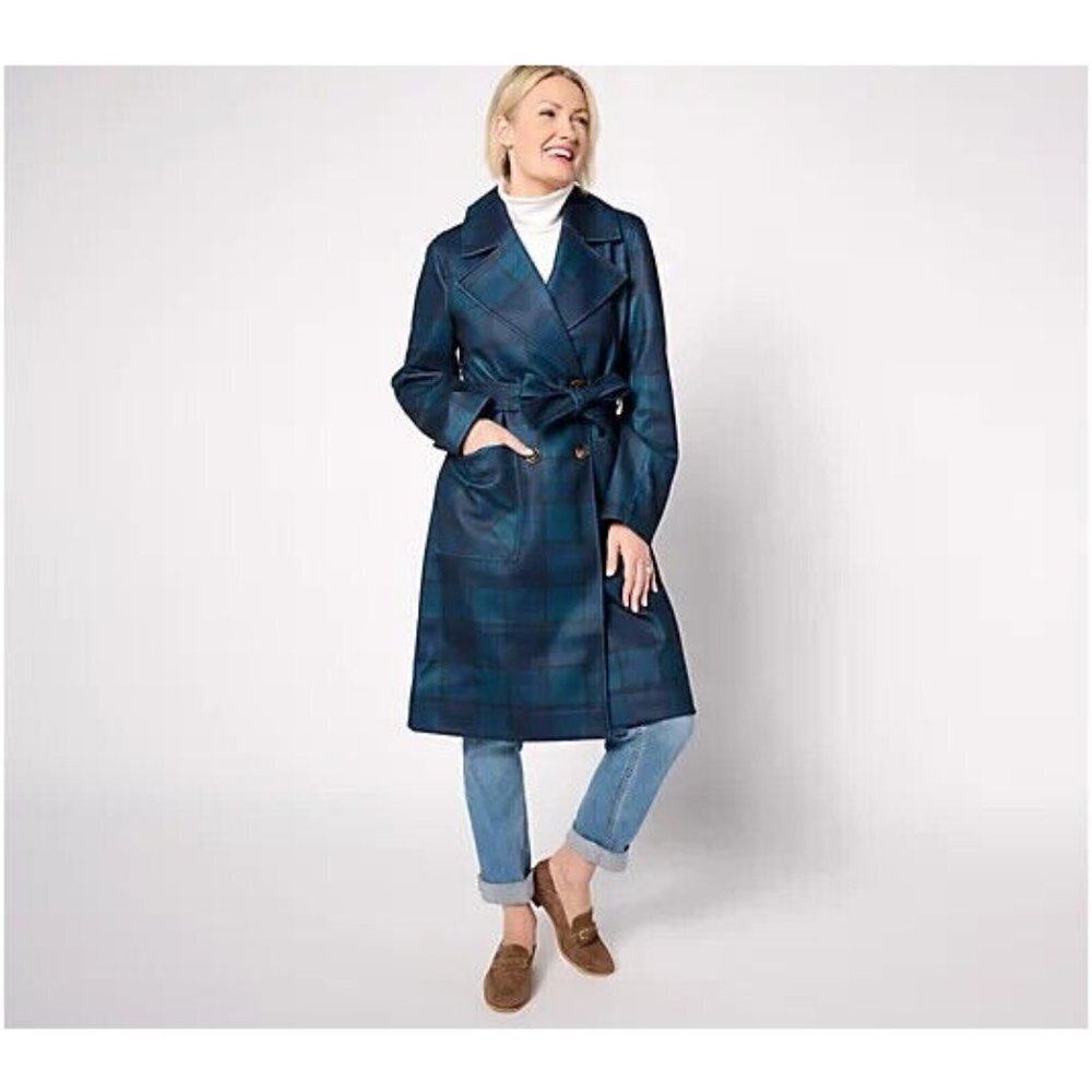 Thread Collective Trench Patterned Trench Coat Navy Plaid,Large